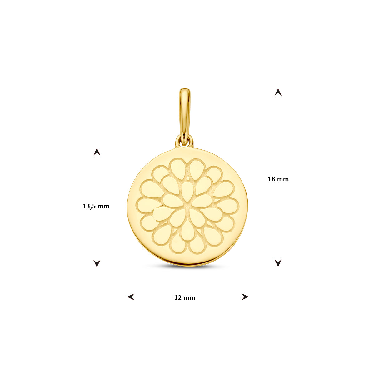 Afmetingen van de gouden geboortebloem hanger oktober van 14 karaat: 18 mm hoog inclusief oog, 13,5 mm zonder oog en 12 mm doorsnee.