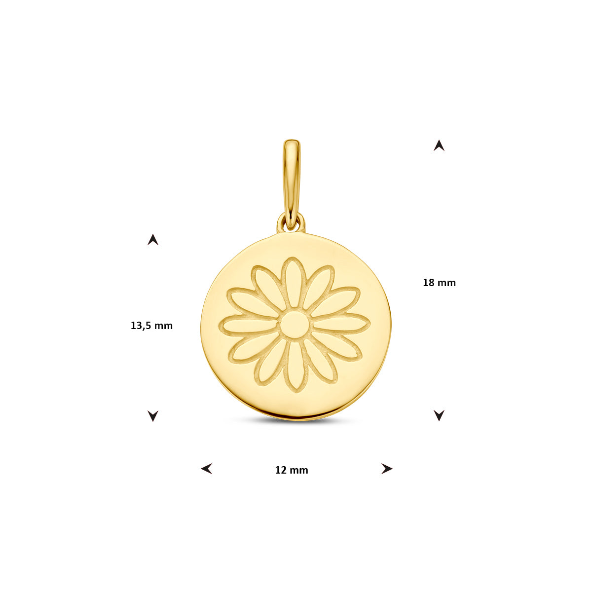 Afmetingen van de gouden geboortebloem hanger september van 14 karaat: 18 mm hoog inclusief oog, 13,5 mm zonder oog en 12 mm doorsnee.