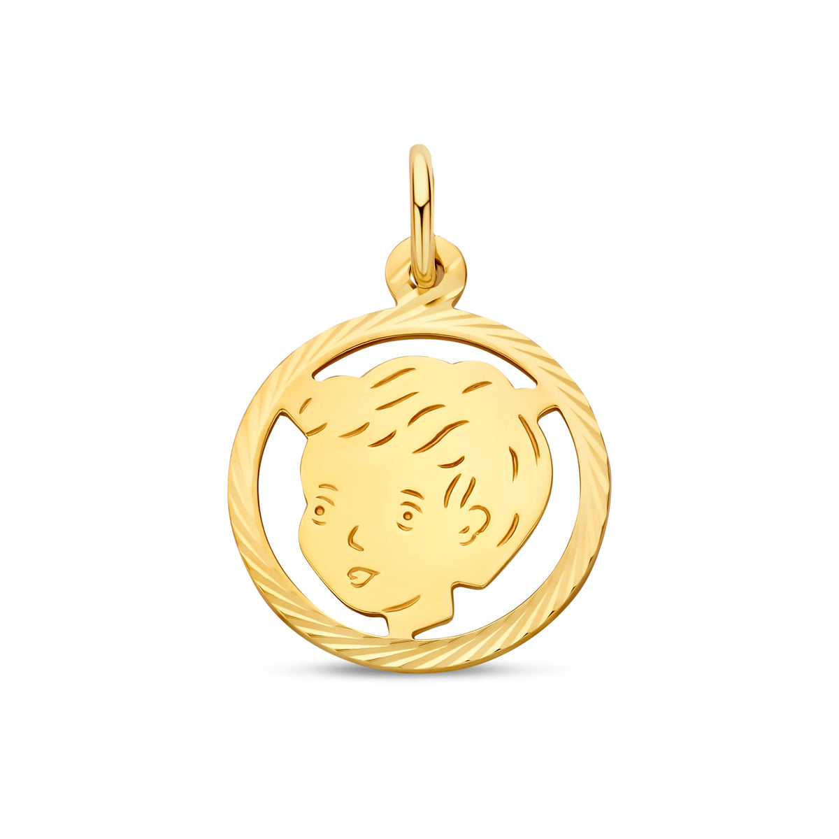 Vooraanzicht van de gouden geboortehanger met jongetje van 14 karaat.