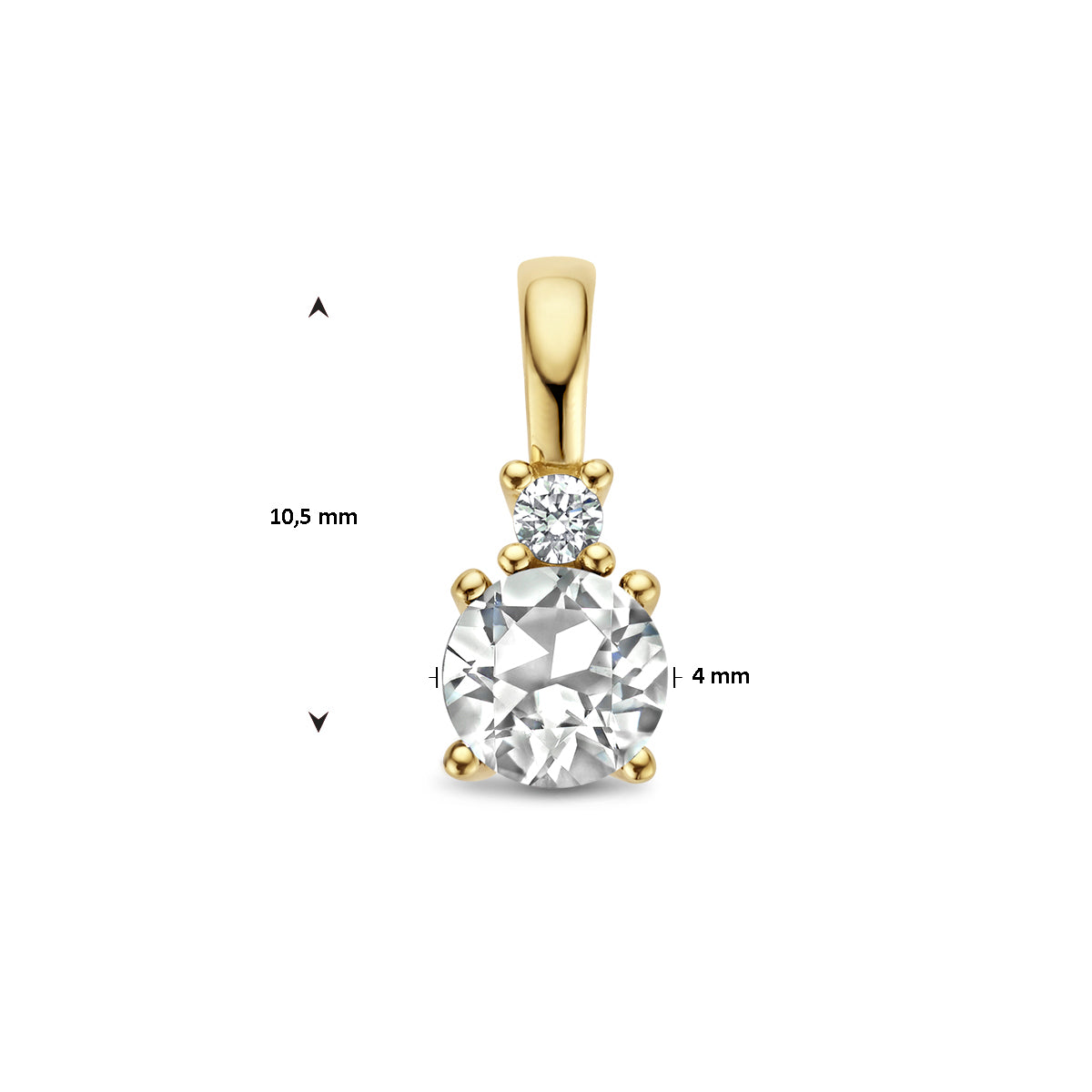 Afmetingen van de gouden geboortesteen hanger met bergkristal en diamant van 14 karaat: 10,5 mm hoog en 4 mm breed.