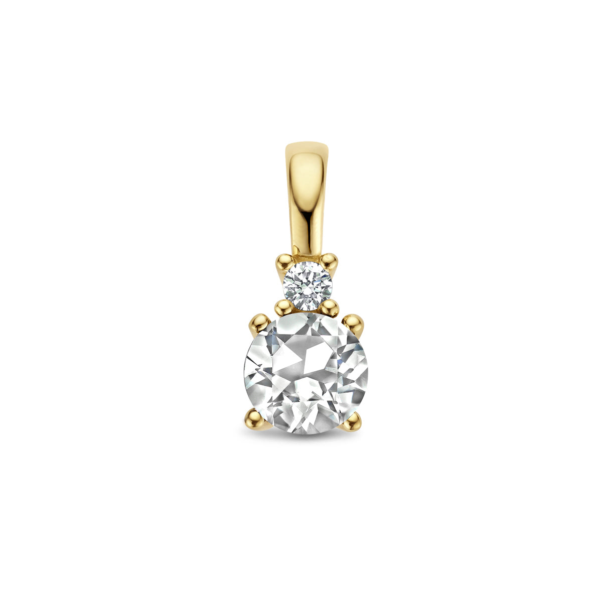 Vooraanzicht van de gouden geboortesteen hanger met bergkristal en diamant van 14 karaat.