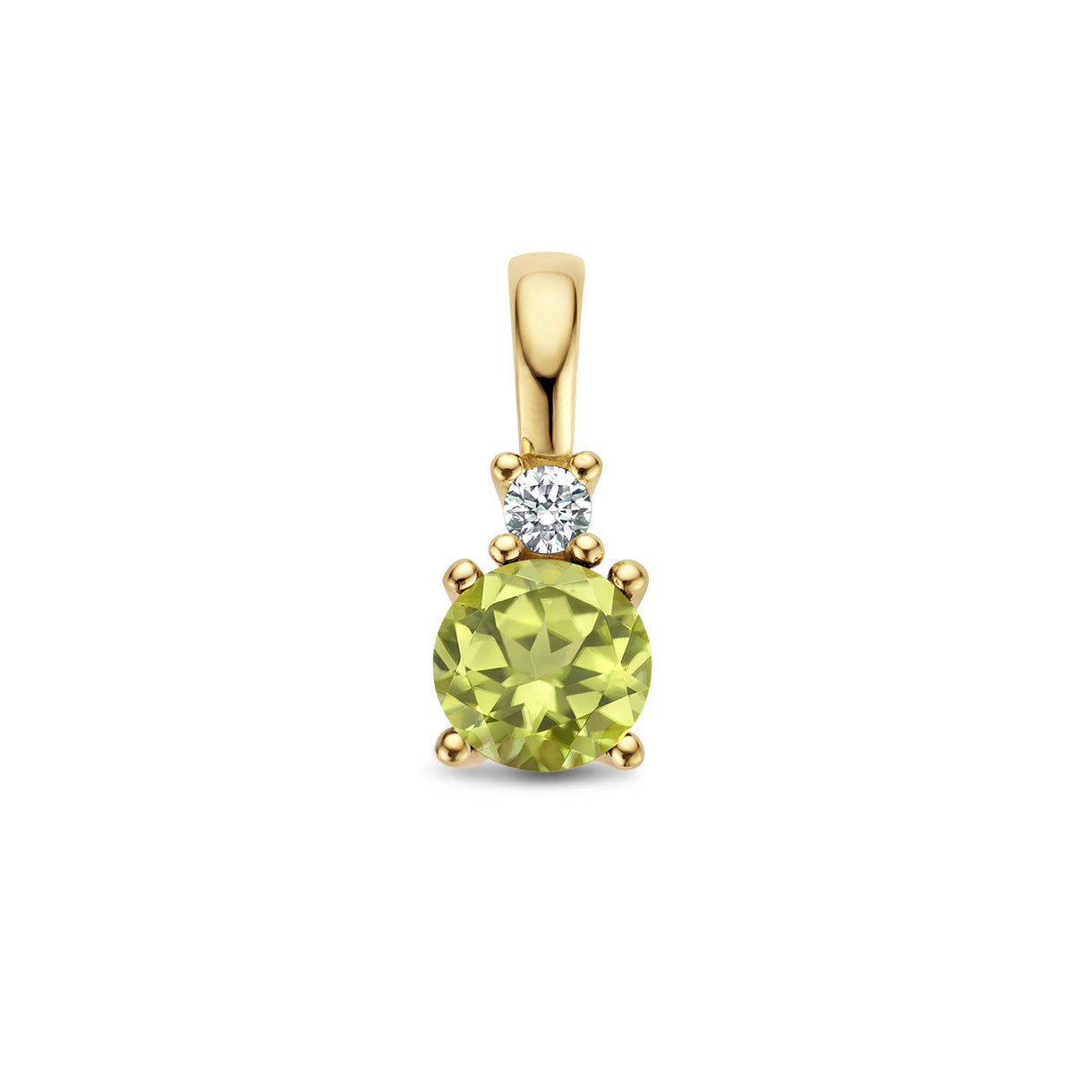 Vooraanzicht van de gouden geboortesteen hanger met peridoot en diamant van 14 karaat.