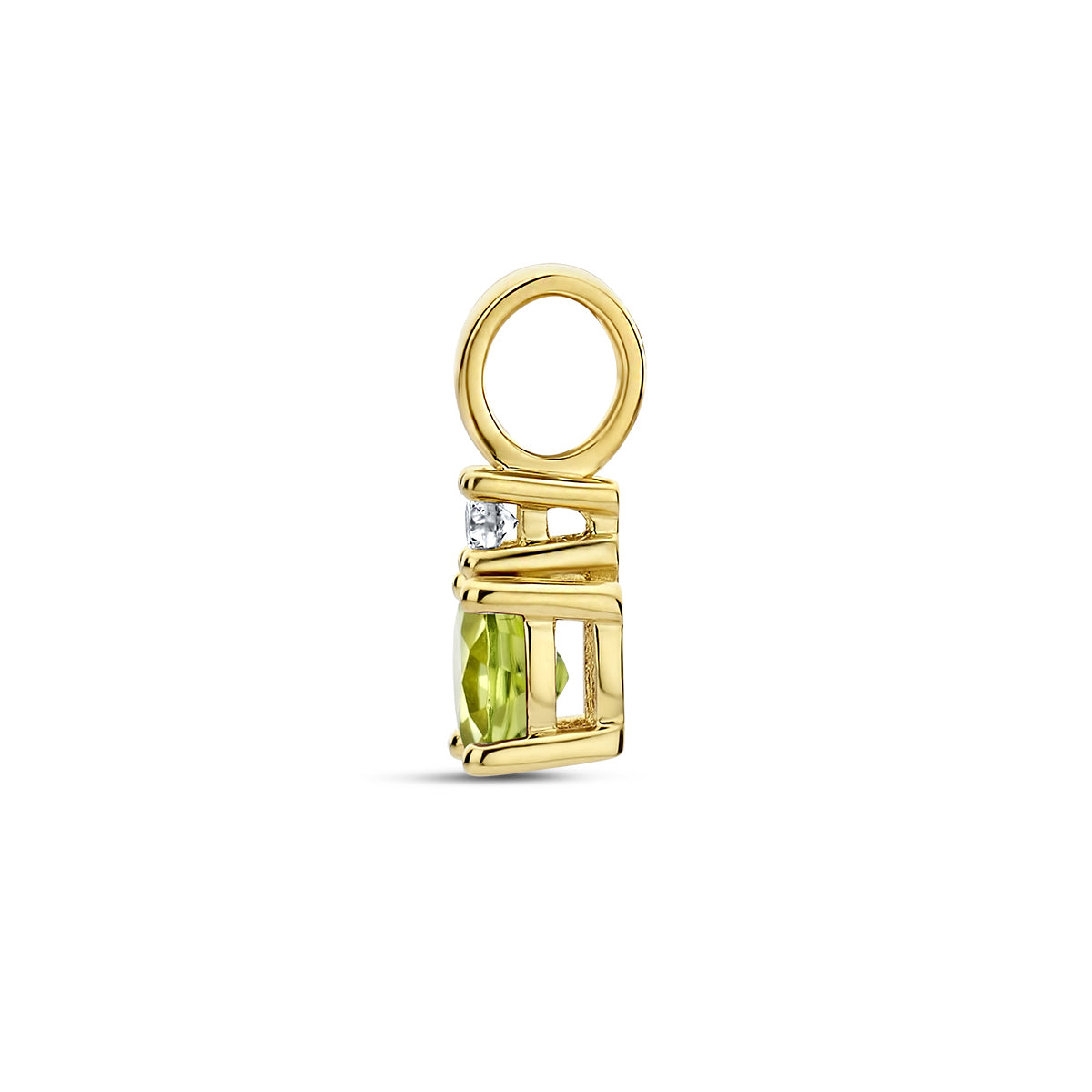 Zijaanzicht van de gouden geboortesteen hanger met peridoot en diamant van 14 karaat.