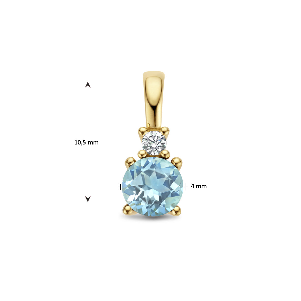 Afmetingen van de gouden geboortesteen hanger met blauwe topaas en diamant van 14 karaat: 10,5 mm hoog en 4 mm breed.