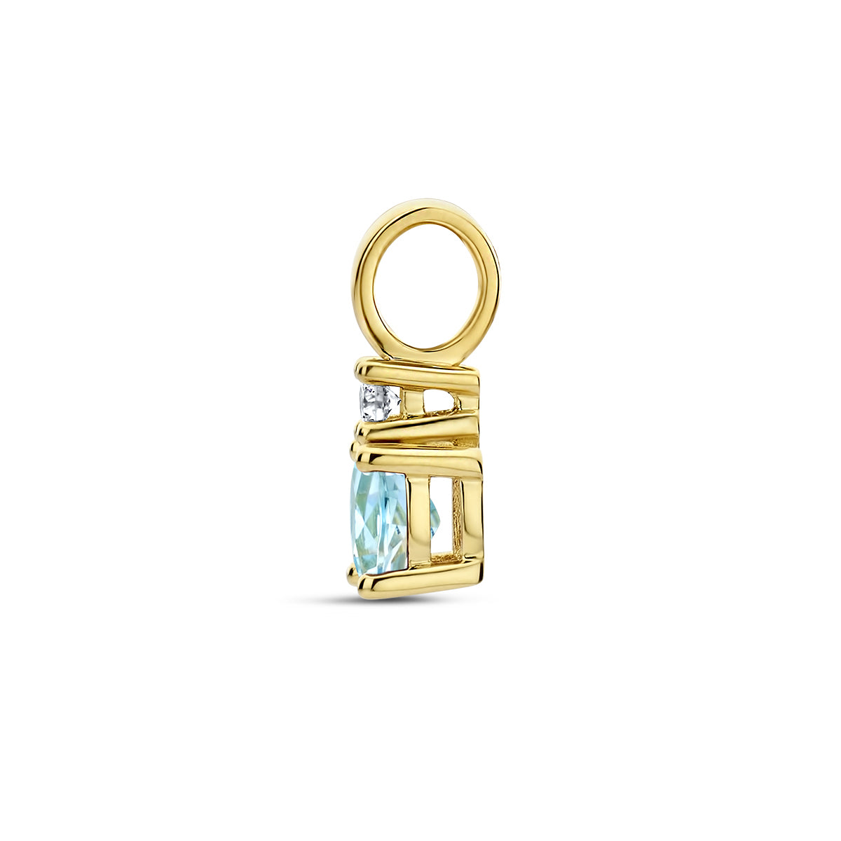 Zijaanzicht van de gouden geboortesteen hanger met blauwe topaas en diamant van 14 karaat.