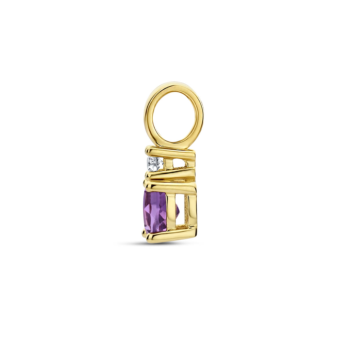Zijaanzicht van de gouden geboortesteen hanger met amethist en diamant van 14 karaat.