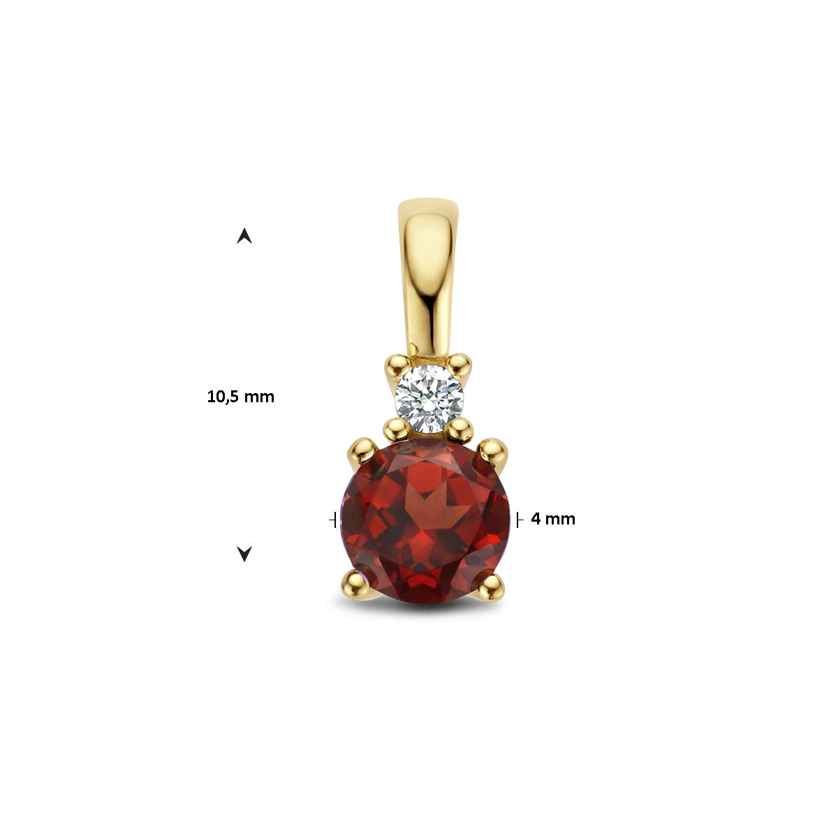 Afmetingen van de gouden geboortesteen hanger met granaat en diamant van 14 karaat: 10,5 mm hoog en 4 mm breed.