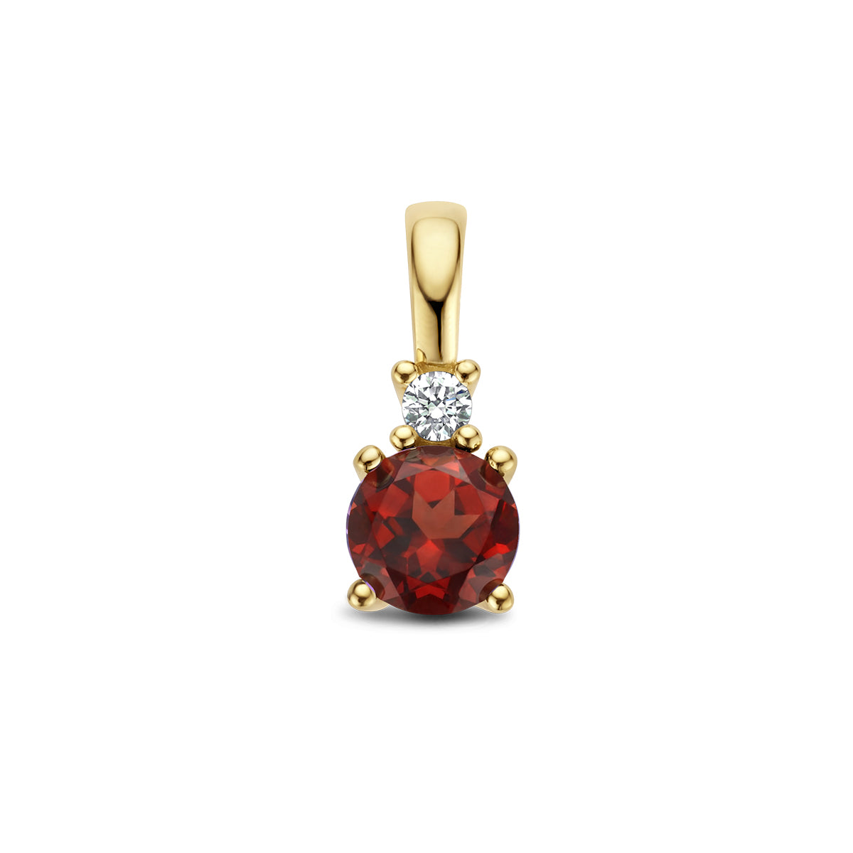 Vooraanzicht van de gouden geboortesteen hanger met granaat en diamant van 14 karaat.