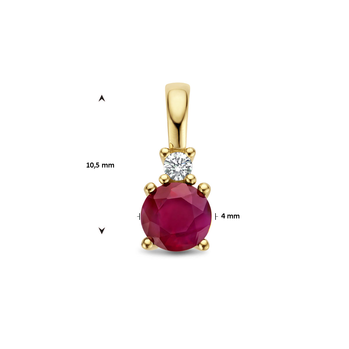 Afmetingen van de gouden geboortesteen hanger met robijn en diamant van 14 karaat: 10,5 mm hoog en 4 mm breed.