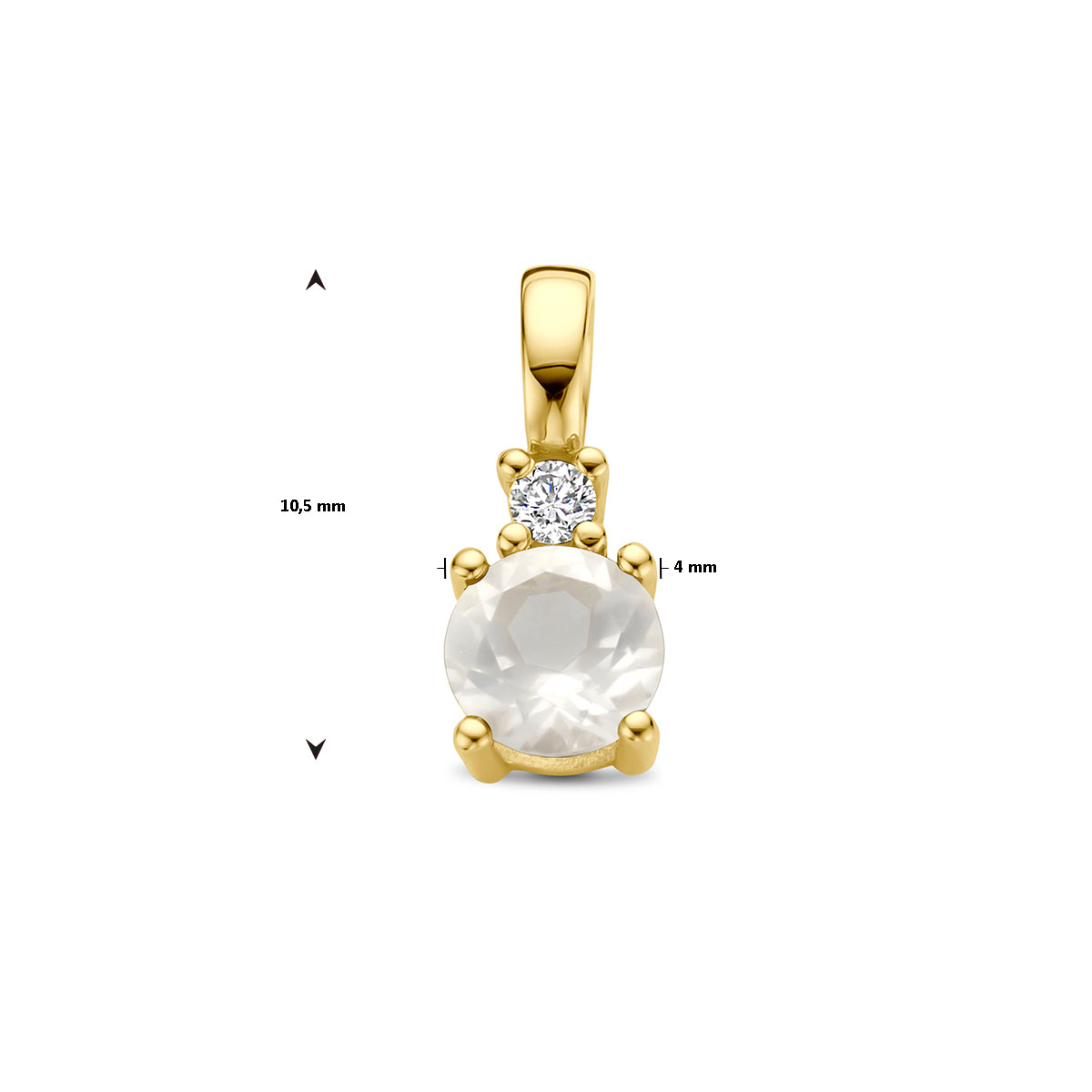 Afmetingen van de gouden geboortesteen hanger met maansteen en diamant van 14 karaat: 10,5 mm hoog en 4 mm breed.