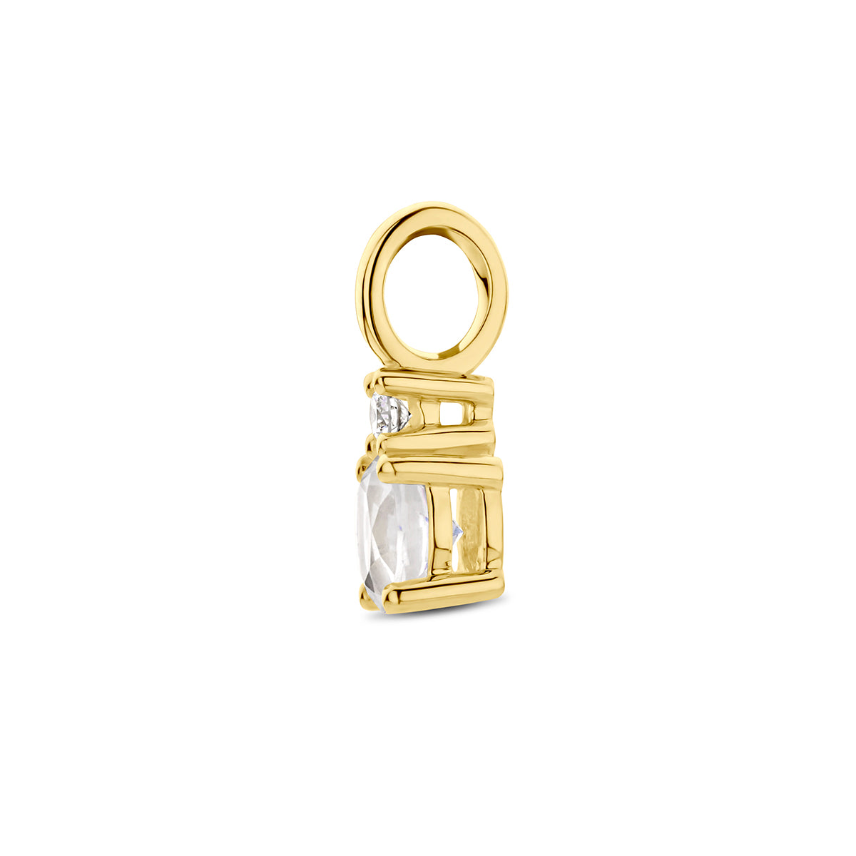 Zijaanzicht van de gouden geboortesteen hanger met maansteen en diamant van 14 karaat.
