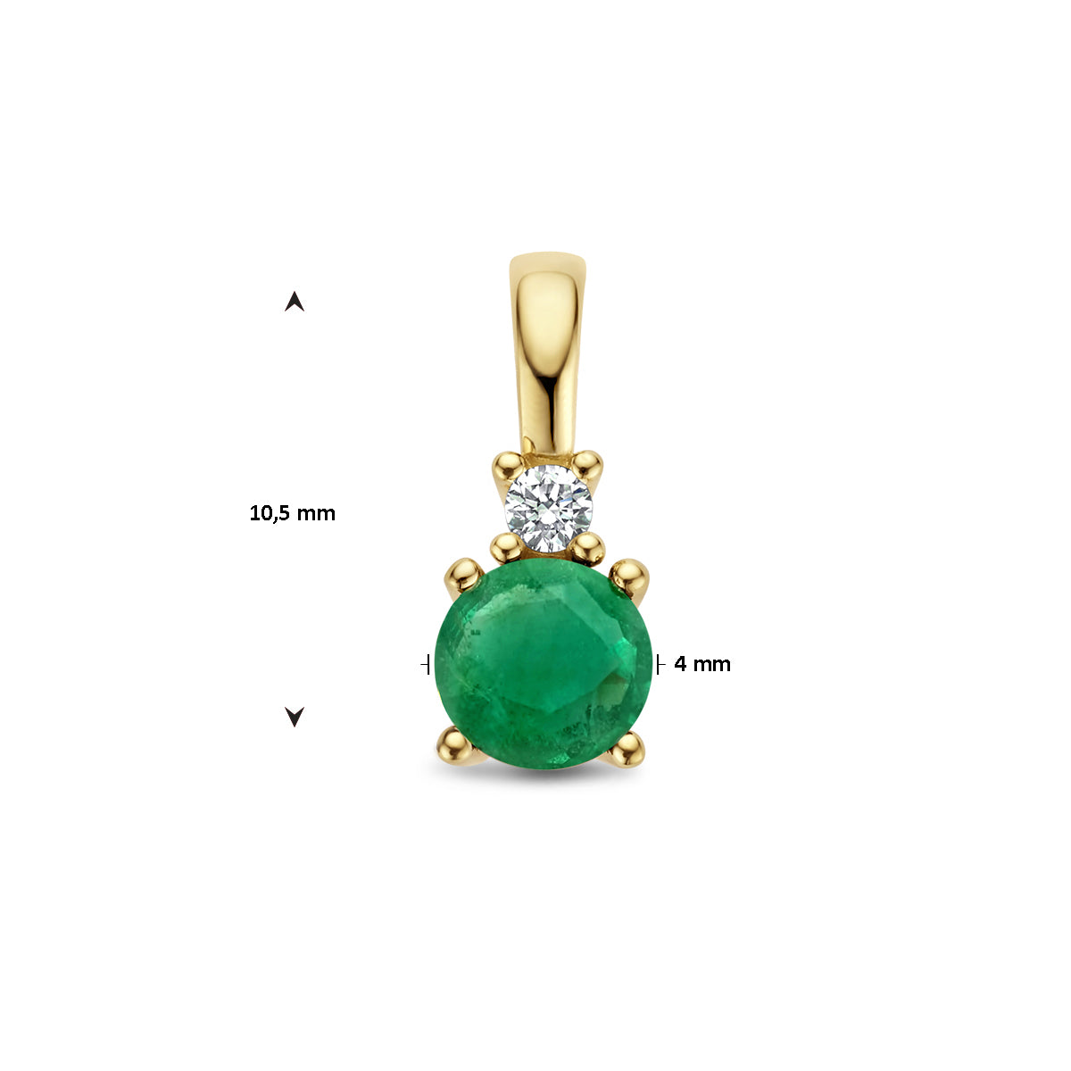Afmetingen van de gouden geboortesteen hanger met smaragd en diamant van 14 karaat: 10,5 mm hoog en 4 mm breed.