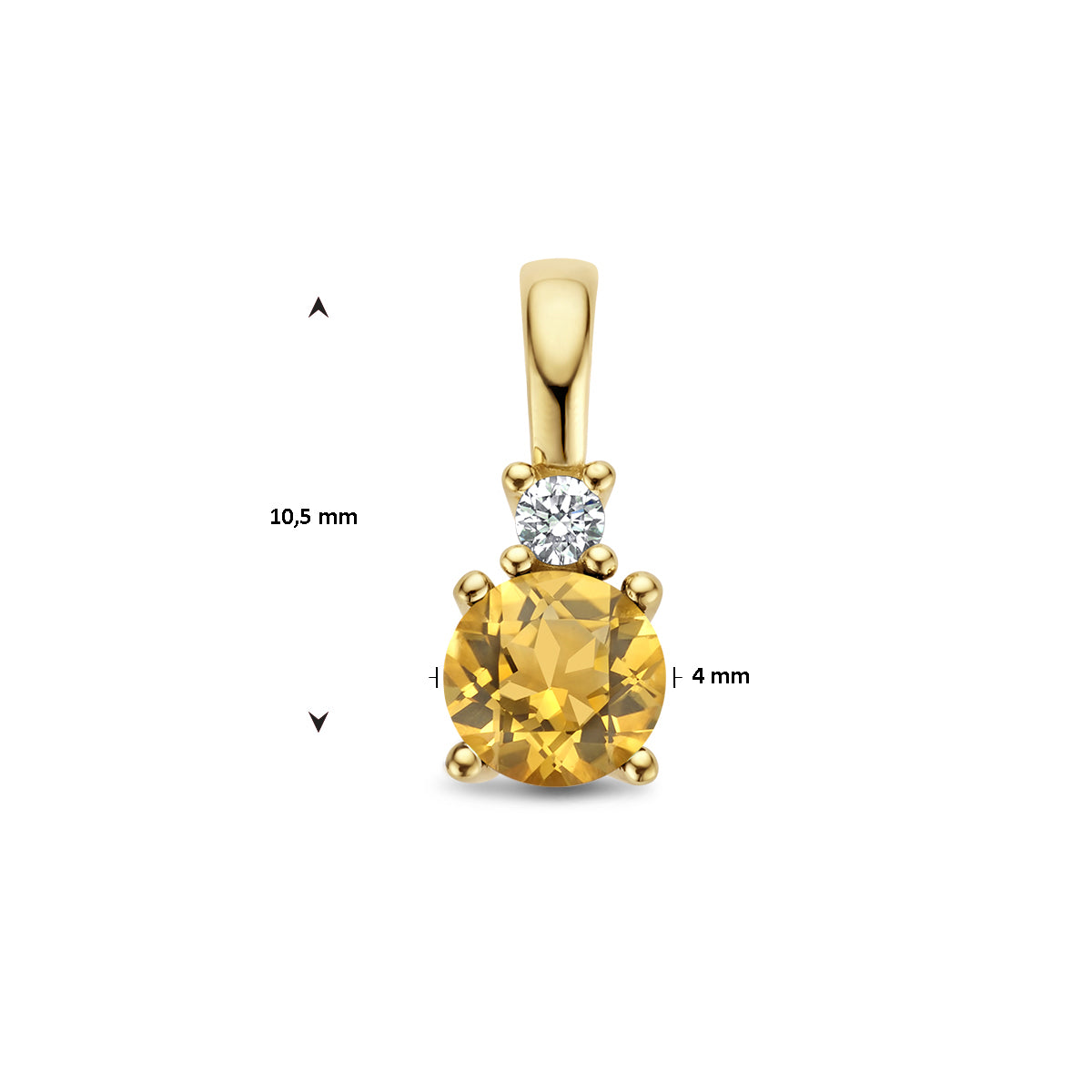 Afmetingen van de gouden geboortesteen hanger met citrien en diamant van 14 karaat: 10,5 mm hoog en 4 mm breed.
