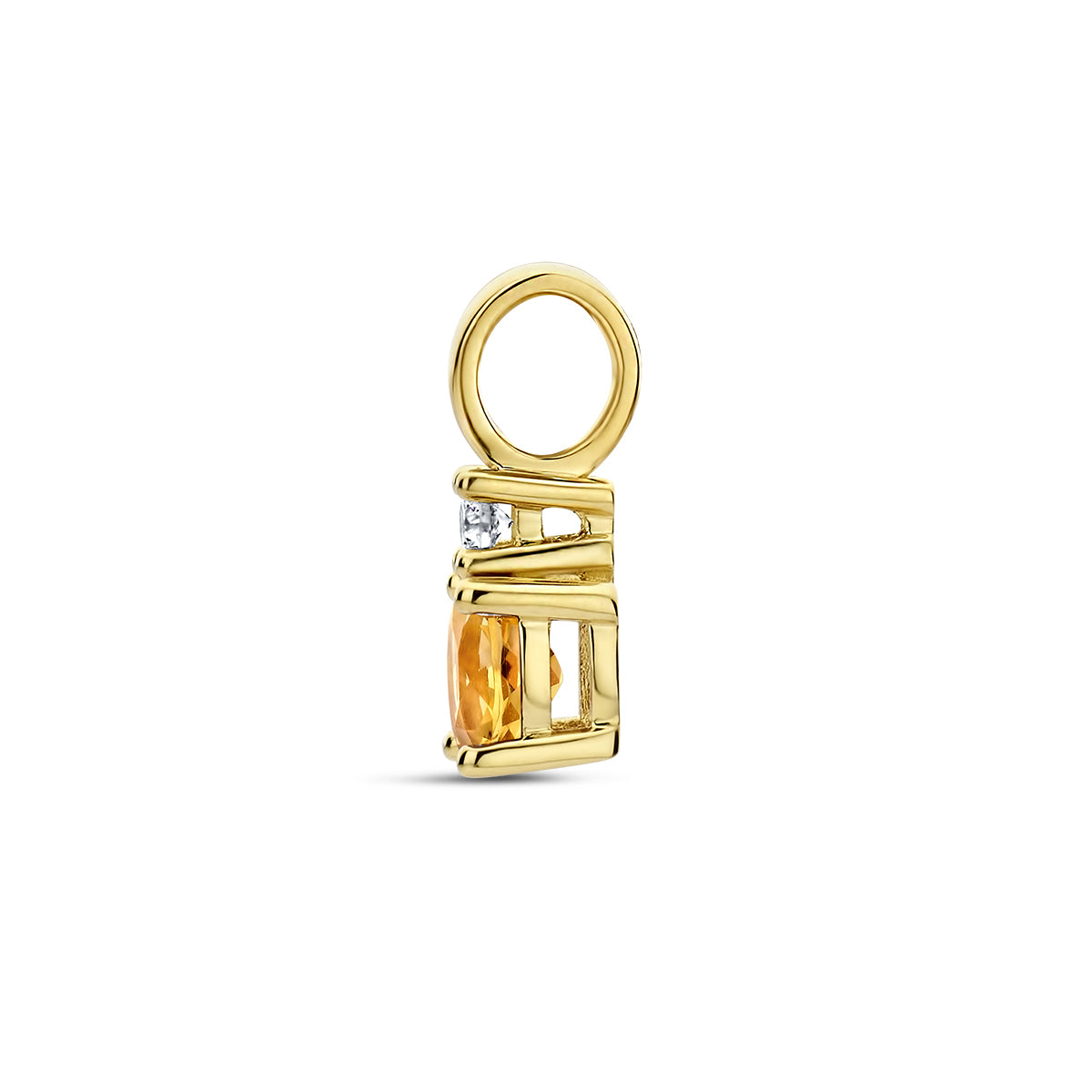 Zijaanzicht van de gouden geboortesteen hanger met citrien en diamant van 14 karaat.