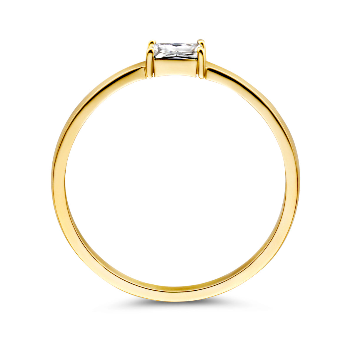 Zijaanzicht van de gouden geboortesteen ring april met zirkonia van 14 karaat.