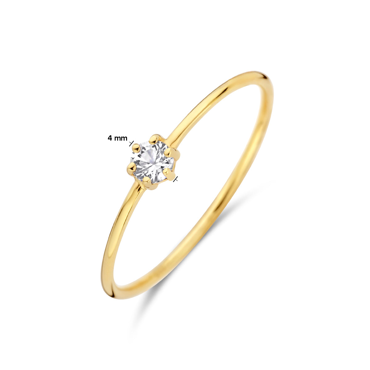 Afmetingen van de gouden geboortesteen ring met witte topaas van 14 karaat: 4 mm breed, steen 3 mm.