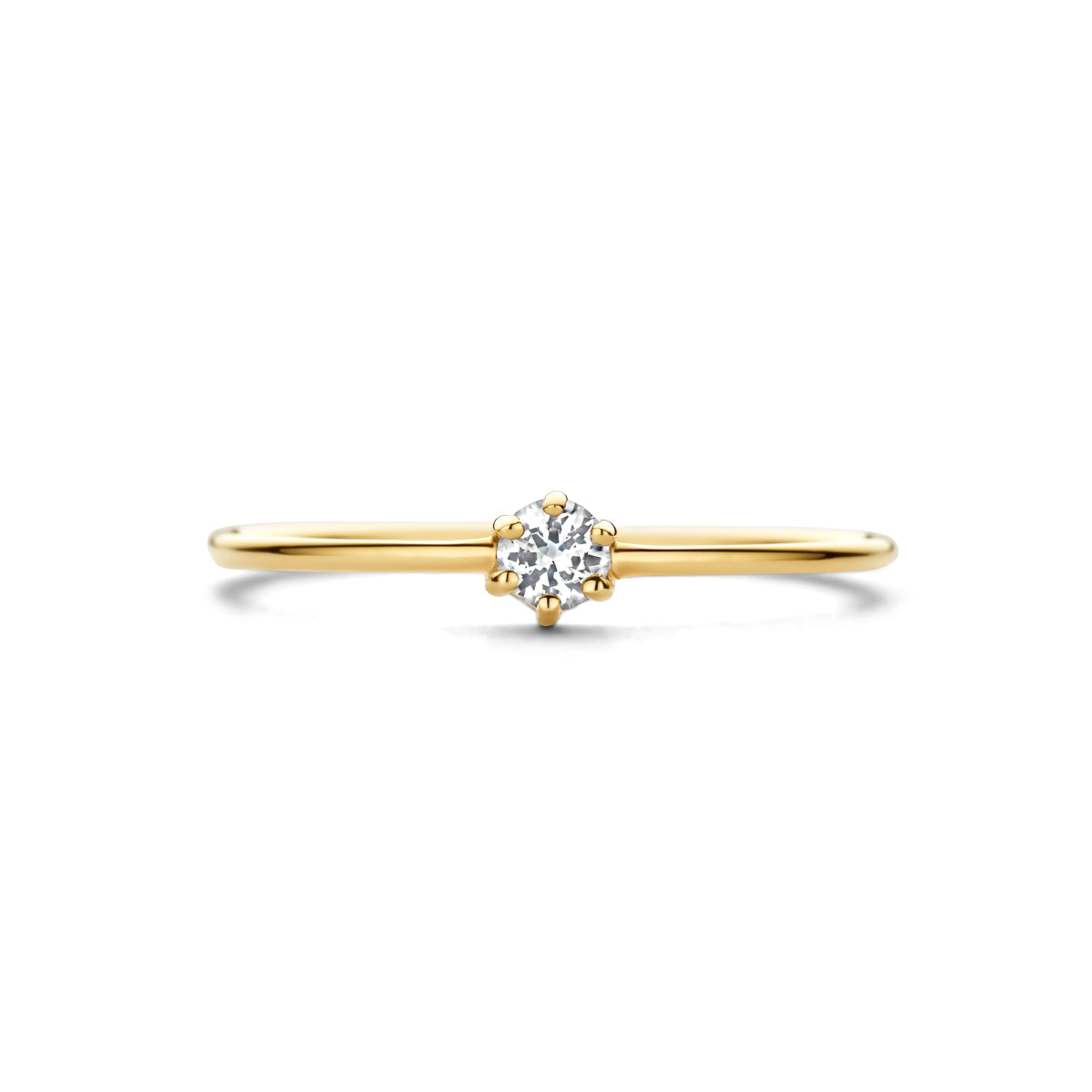 Bovenaanzicht van de gouden geboortesteen ring met witte topaas van 14 karaat.