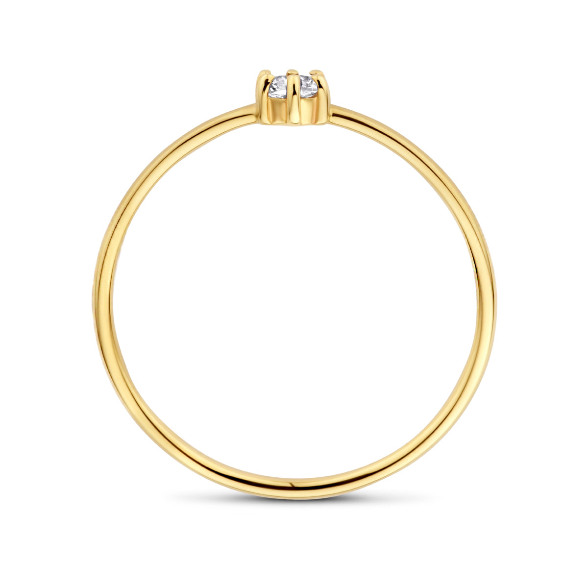 Zijaanzicht van de gouden geboortesteen ring met witte topaas van 14 karaat.
