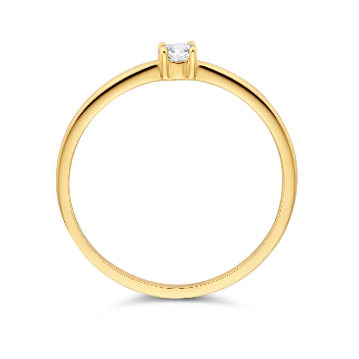 Bovenaanzicht van de gouden geboortesteen ring met zirkonia van 14 karaat.