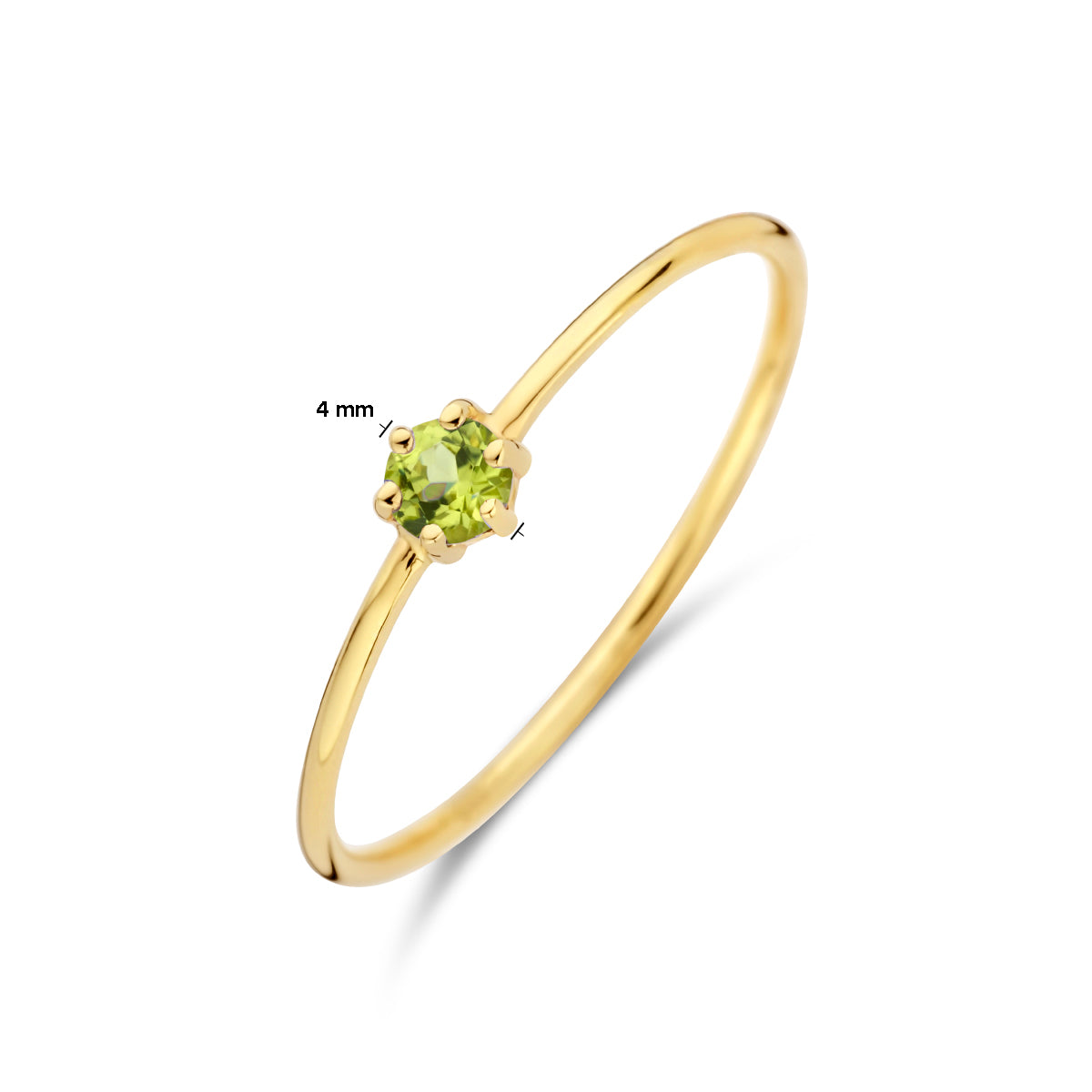Afmetingen van de gouden geboortesteen ring met peridoot van 14 karaat: 4 mm breed, steen 3 mm.