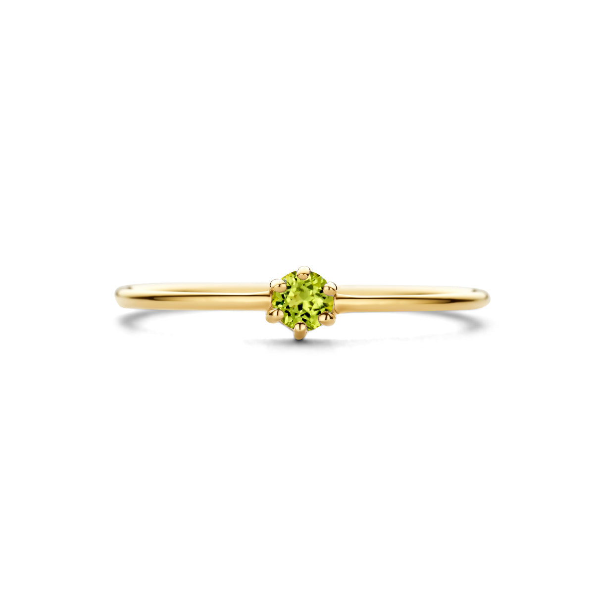 Bovenaanzicht van de gouden geboortesteen ring met peridoot van 14 karaat.