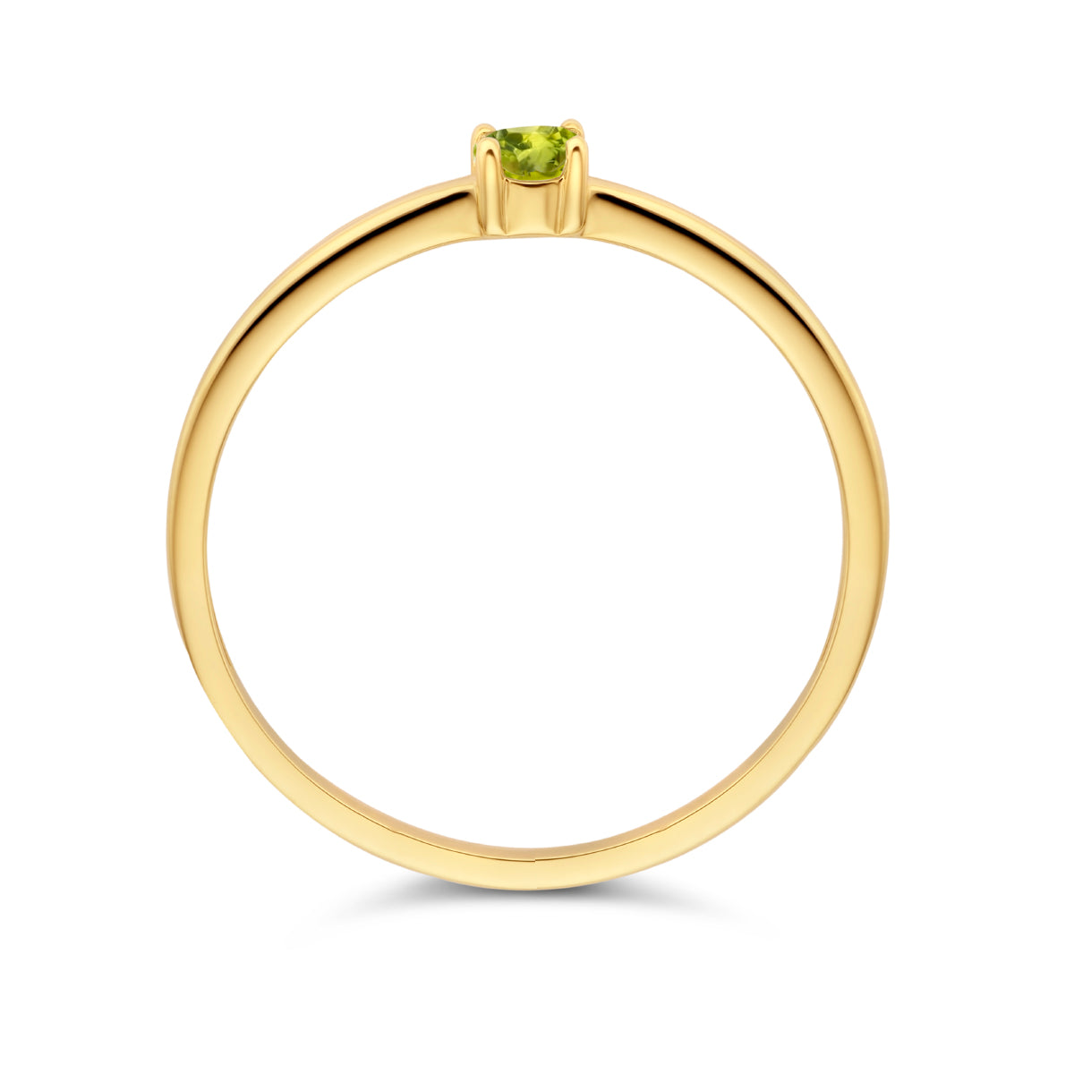 Bovenaanzicht van de gouden geboortesteen ring met peridoot van 14 karaat.