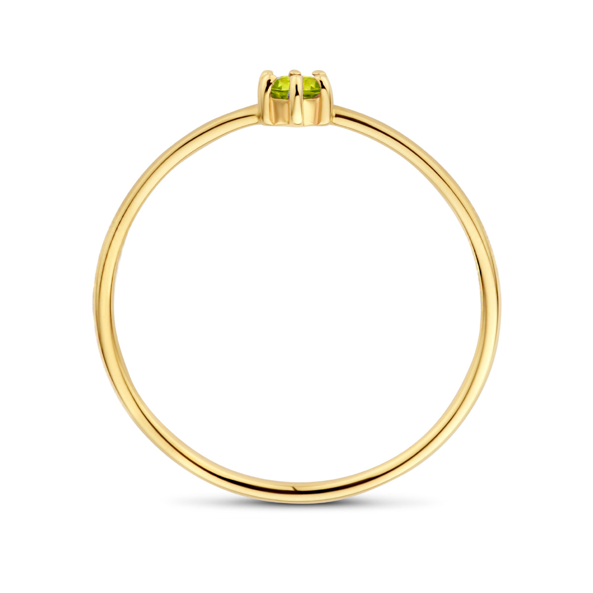 Zijaanzicht van de gouden geboortesteen ring met peridoot van 14 karaat.