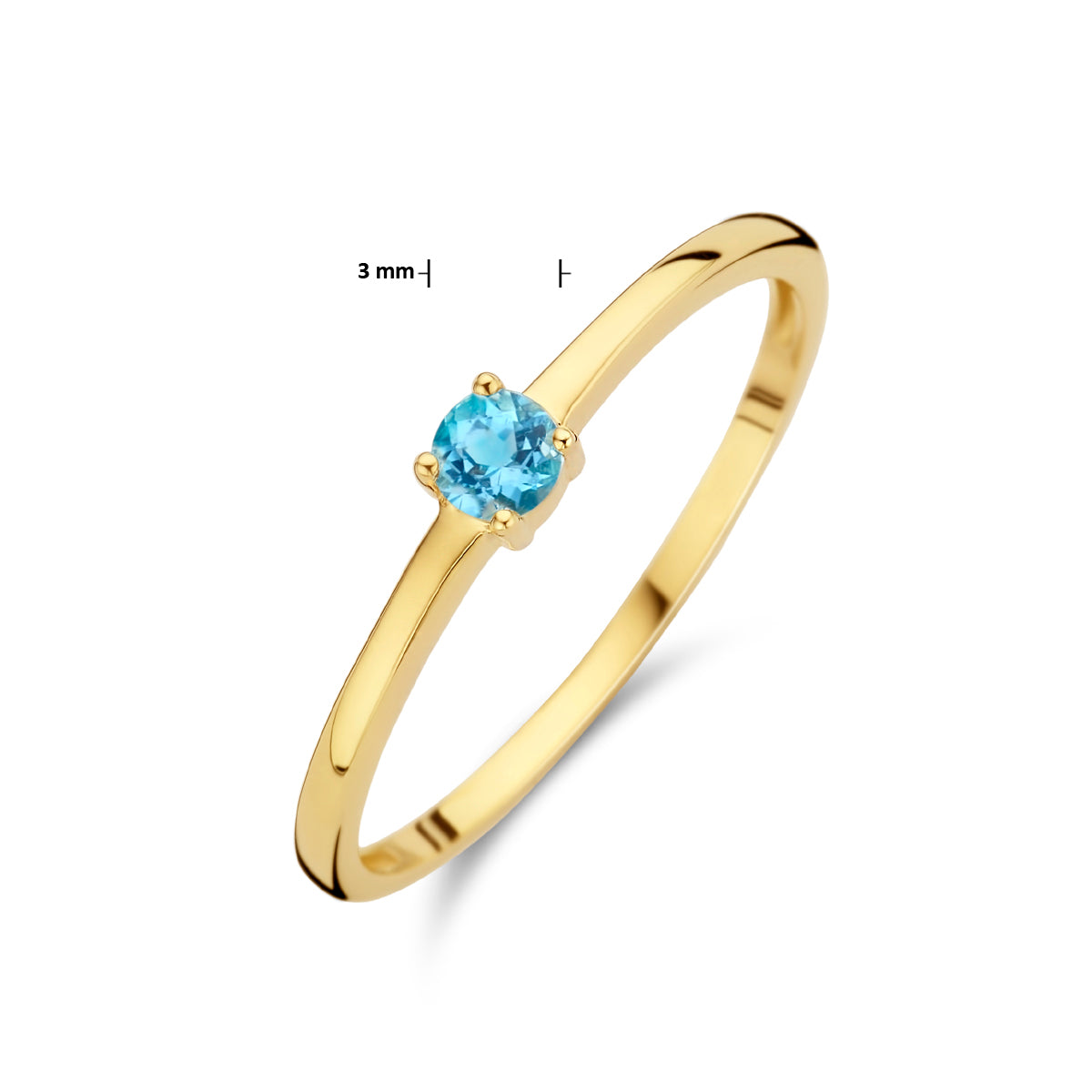 Afmetingen van de gouden geboortesteen ring met blauwe topaas van 14 karaat: steen 3 mm.
