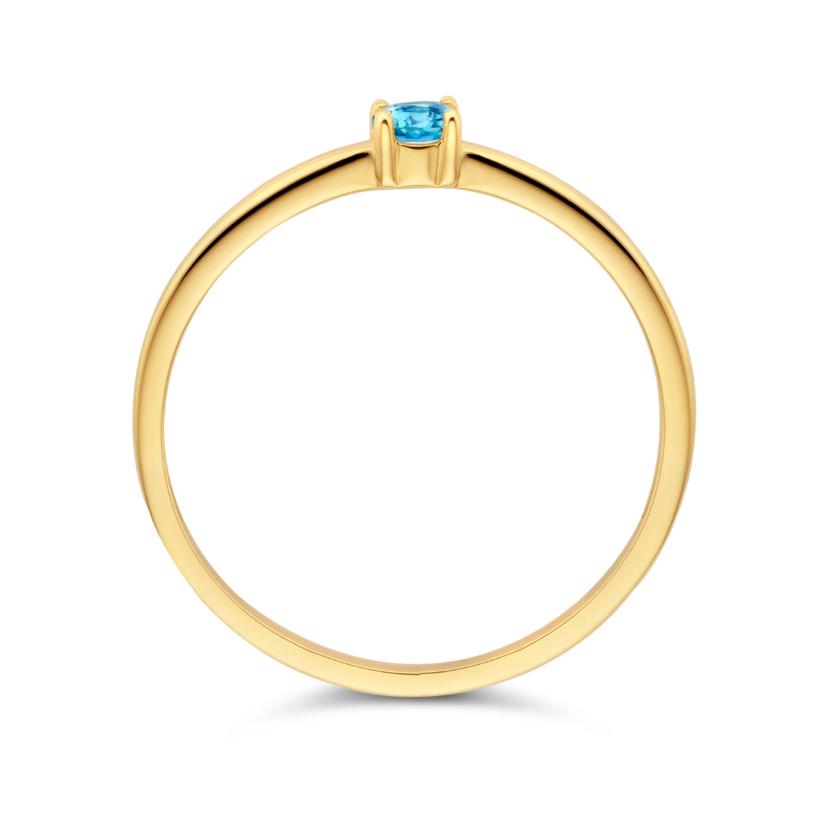 Bovenaanzicht van de gouden geboortesteen ring met blauwe topaas van 14 karaat.