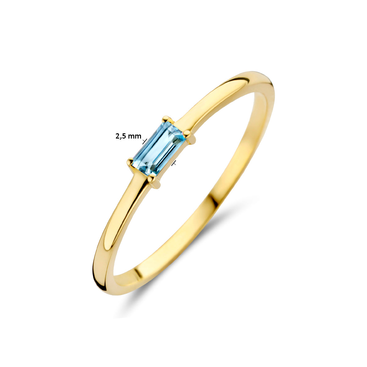 Afmetingen van de gouden geboortesteen ring december met topaas van 14 karaat: 2,5 mm breed.