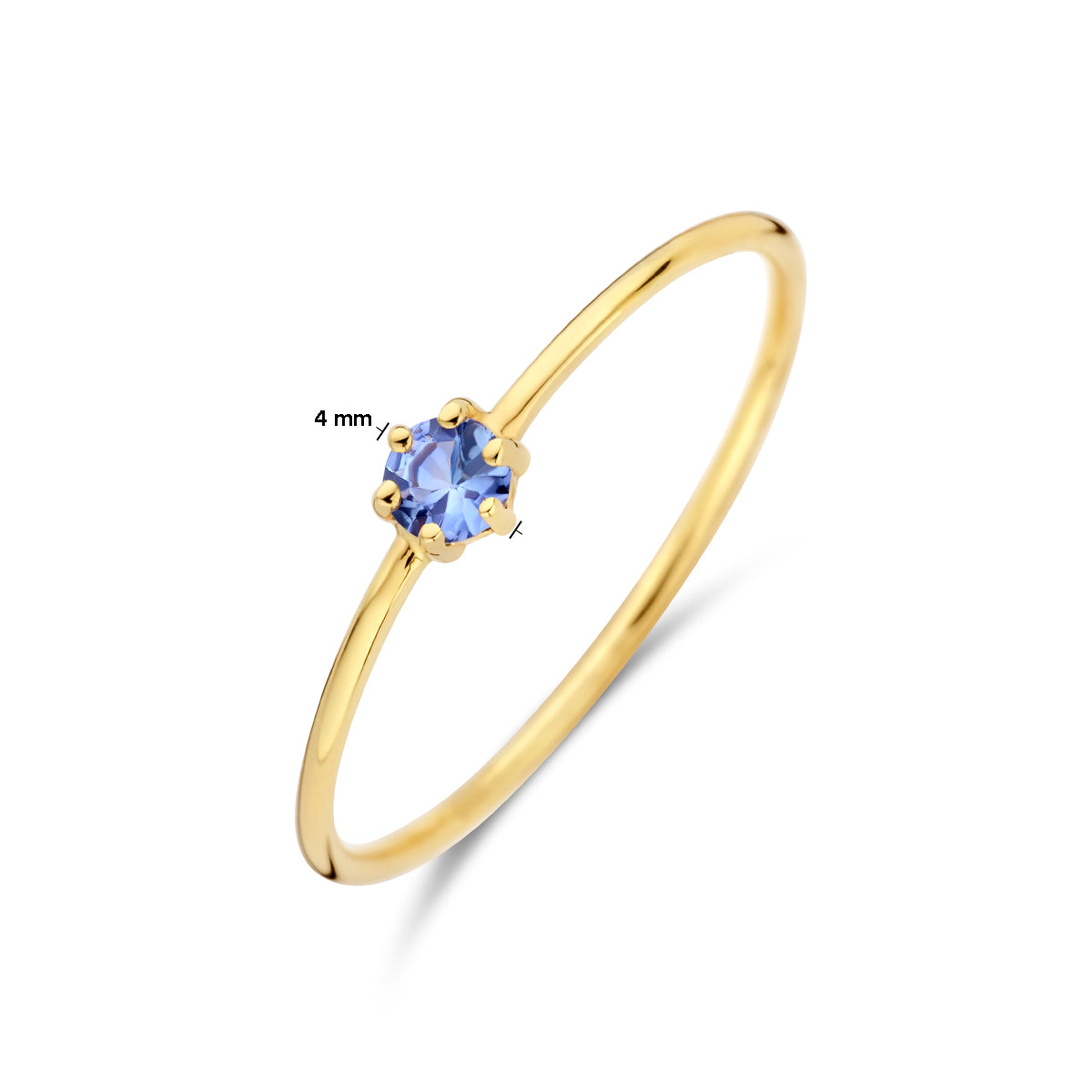 Afmetingen van de gouden geboortesteen ring met tanzaniet van 14 karaat: 4 mm breed, steen 3 mm.