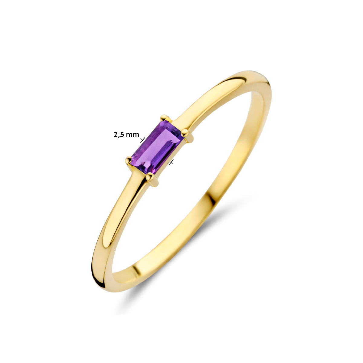 Afmetingen van de gouden geboortesteen ring februari met amethist van 14 karaat: 2,5 mm breed.