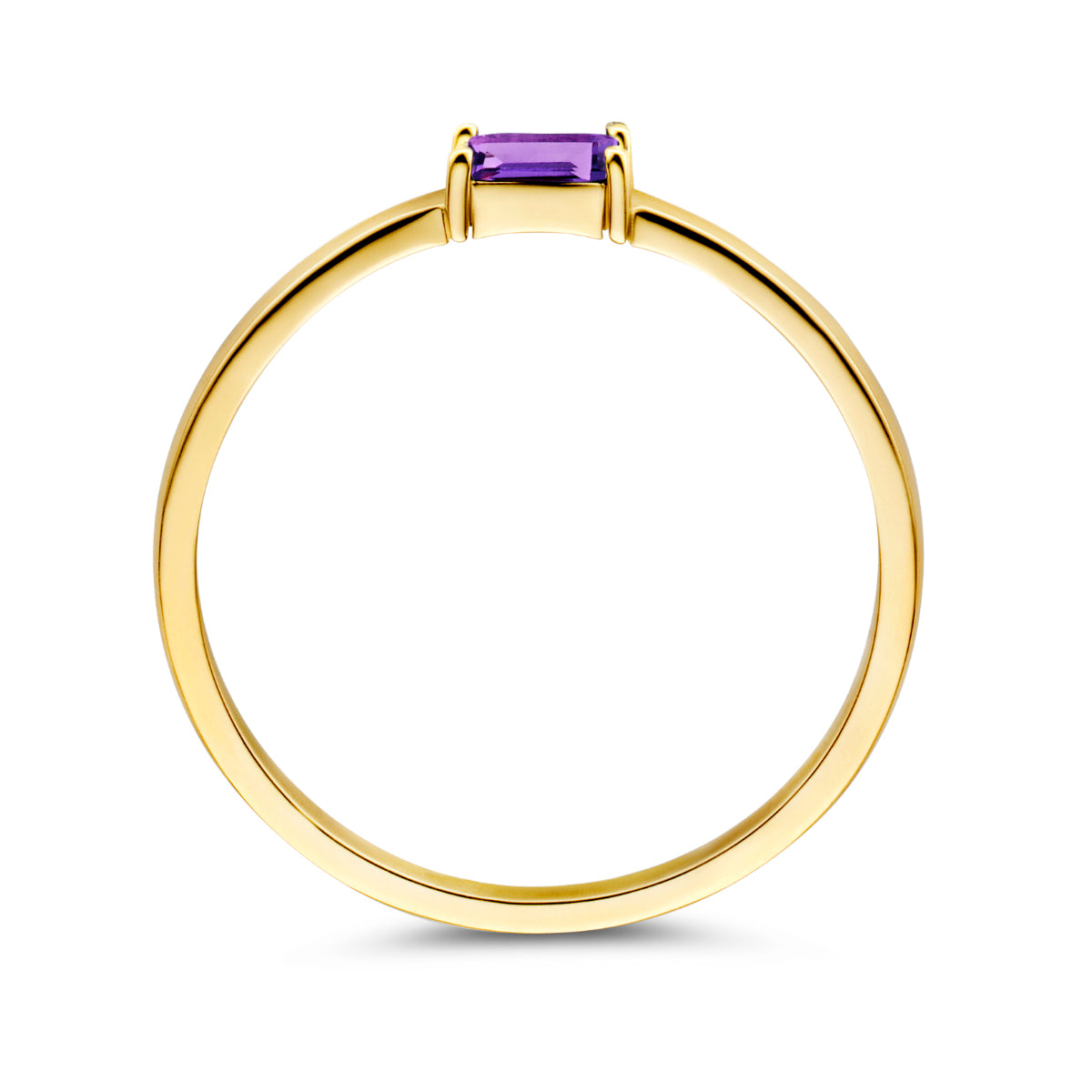 Zijaanzicht van de gouden geboortesteen ring februari met amethist van 14 karaat.