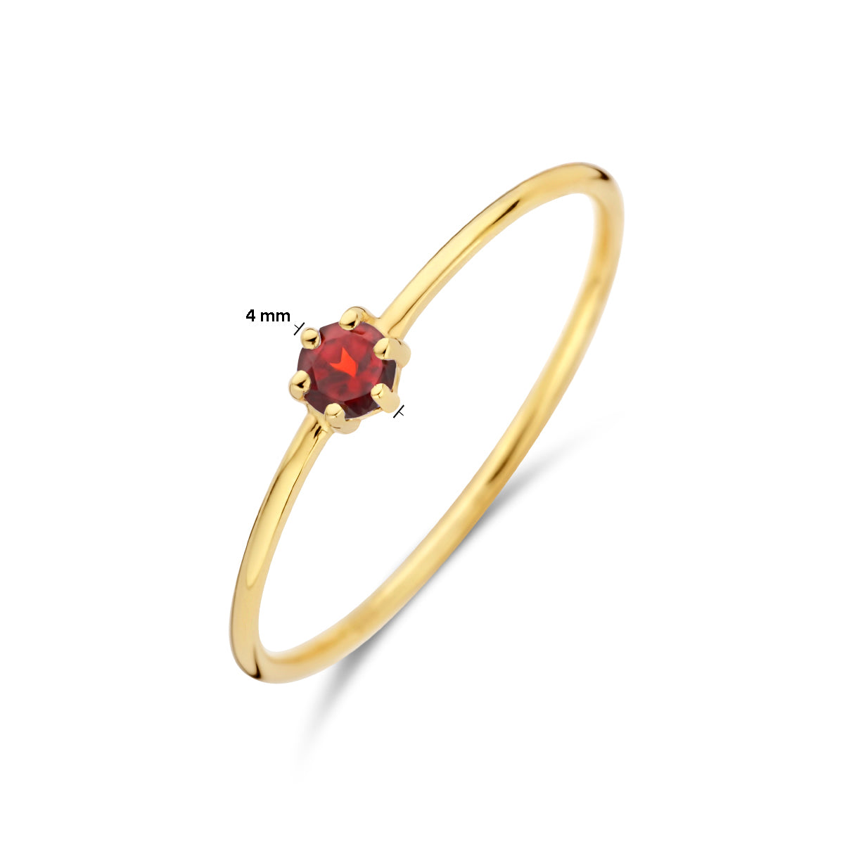 Afmetingen van de gouden geboortesteen ring met granaat van 14 karaat: 4 mm breed, steen 3 mm.
