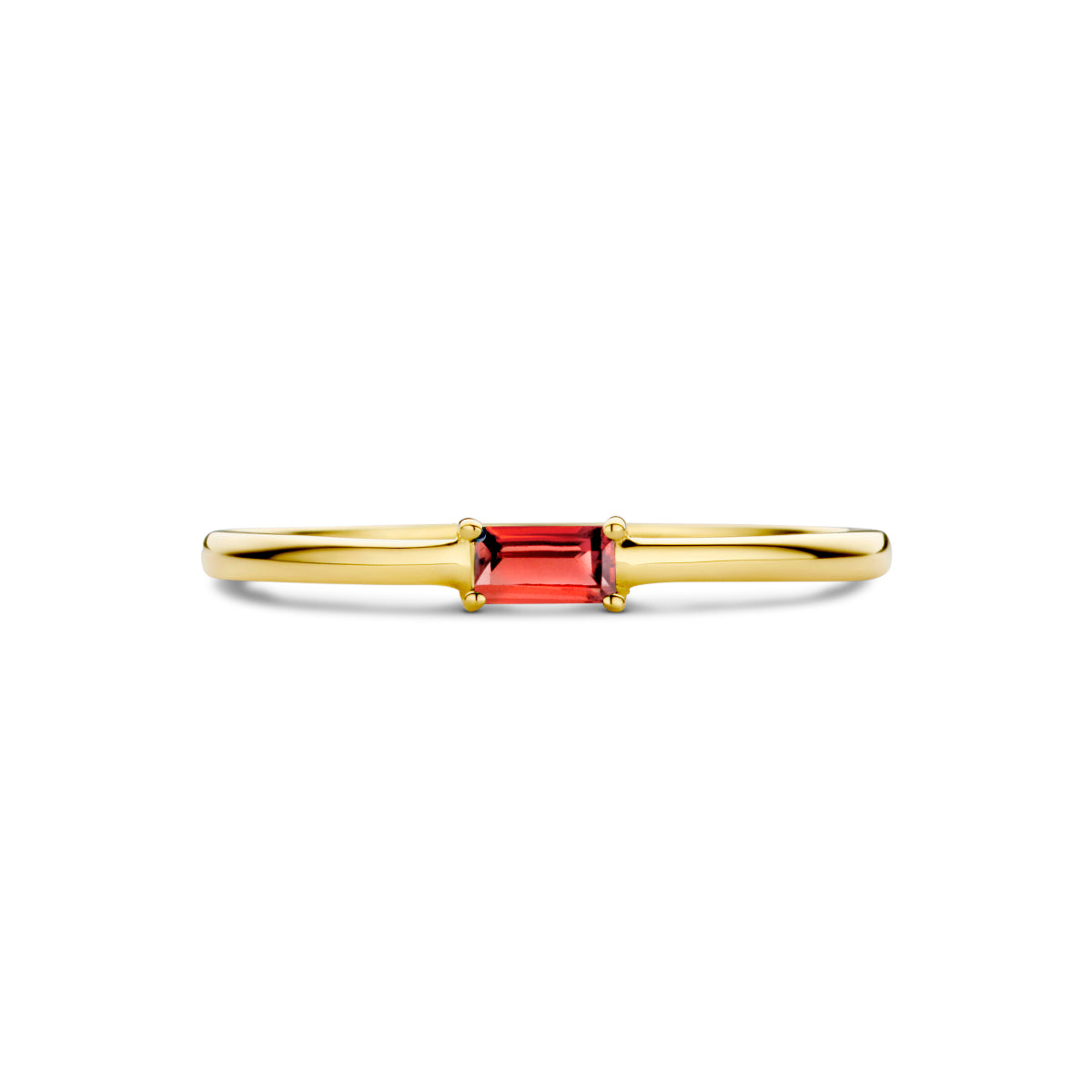 Bovenaanzicht van de gouden geboortesteen ring januari met granaat van 14 karaat.