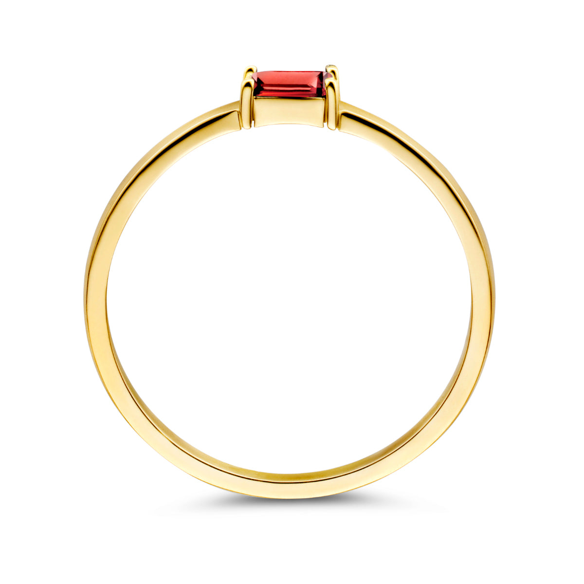 Zijaanzicht van de gouden geboortesteen ring januari met granaat van 14 karaat.