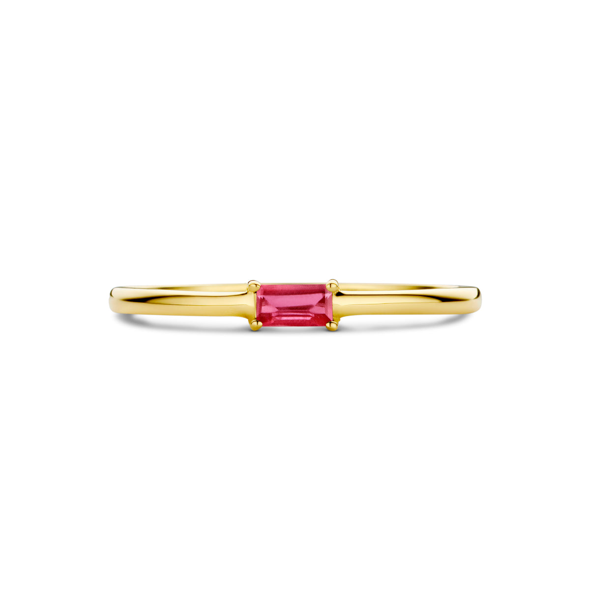 Bovenaanzicht van de gouden geboortesteen ring juli met robijn van 14 karaat.