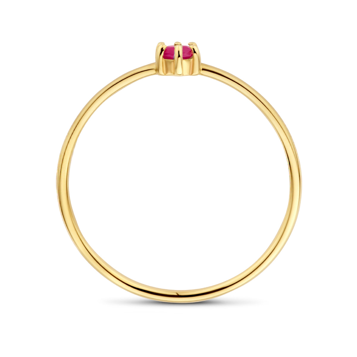 Zijaanzicht van de gouden geboortesteen ring met robijn van 14 karaat.