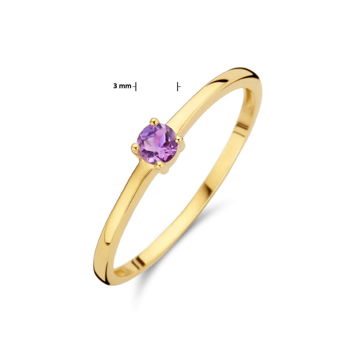 Afmetingen van de gouden geboortesteen ring met amethist van 14 karaat: steen 3 mm.