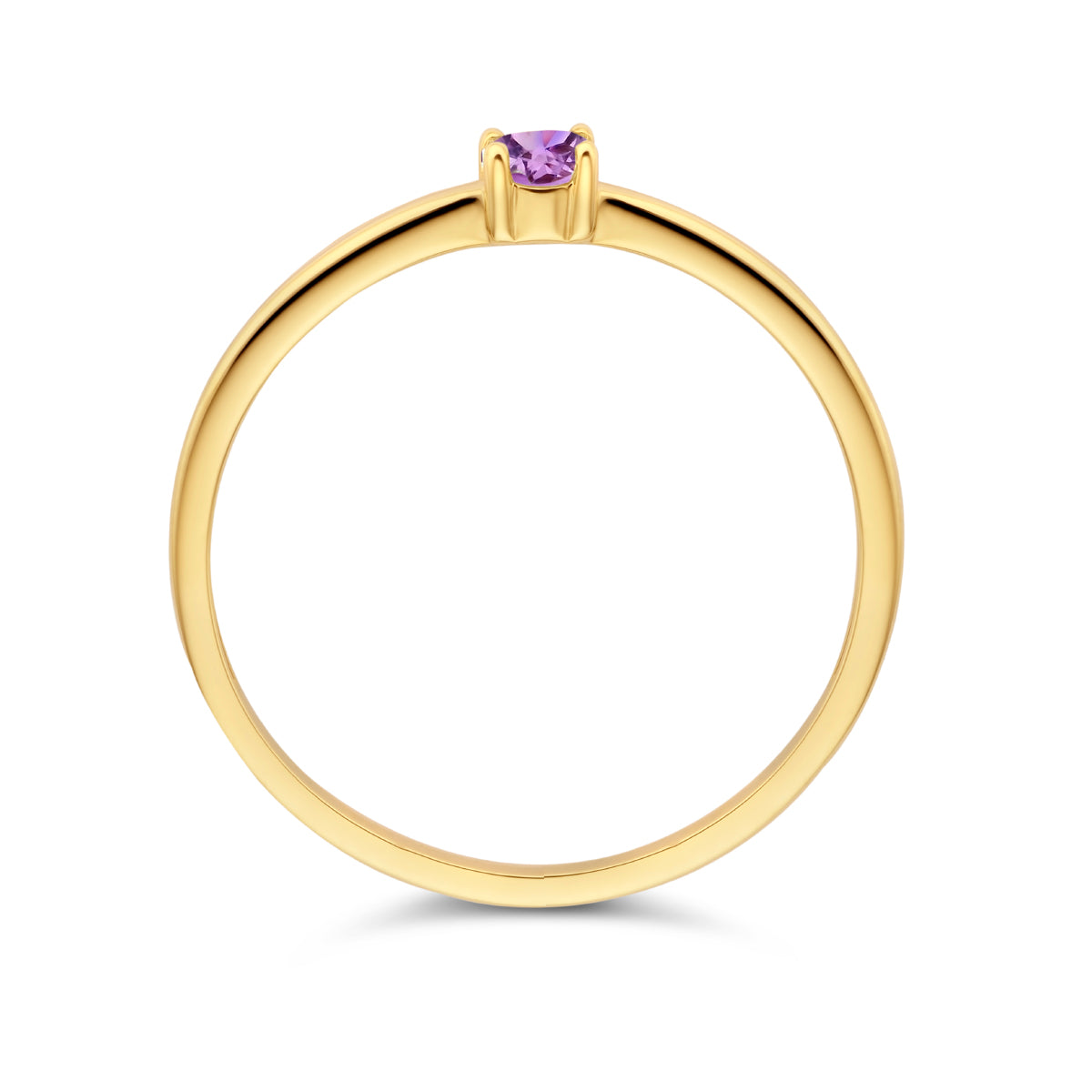 Bovenaanzicht van de gouden geboortesteen ring met amethist van 14 karaat.