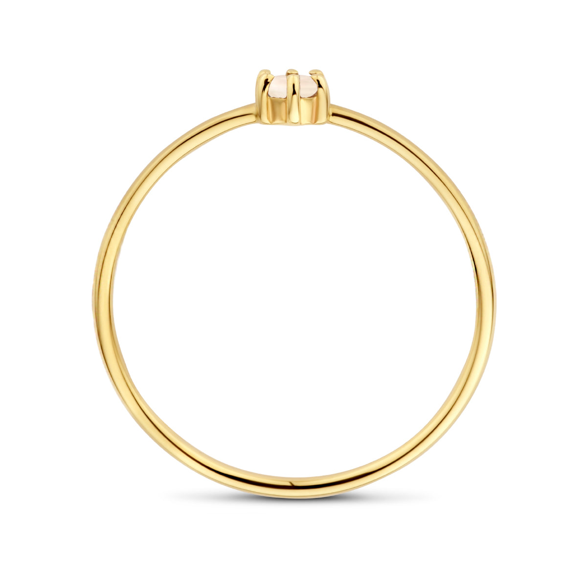 Zijaanzicht van de gouden geboortesteen ring met maansteen van 14 karaat.