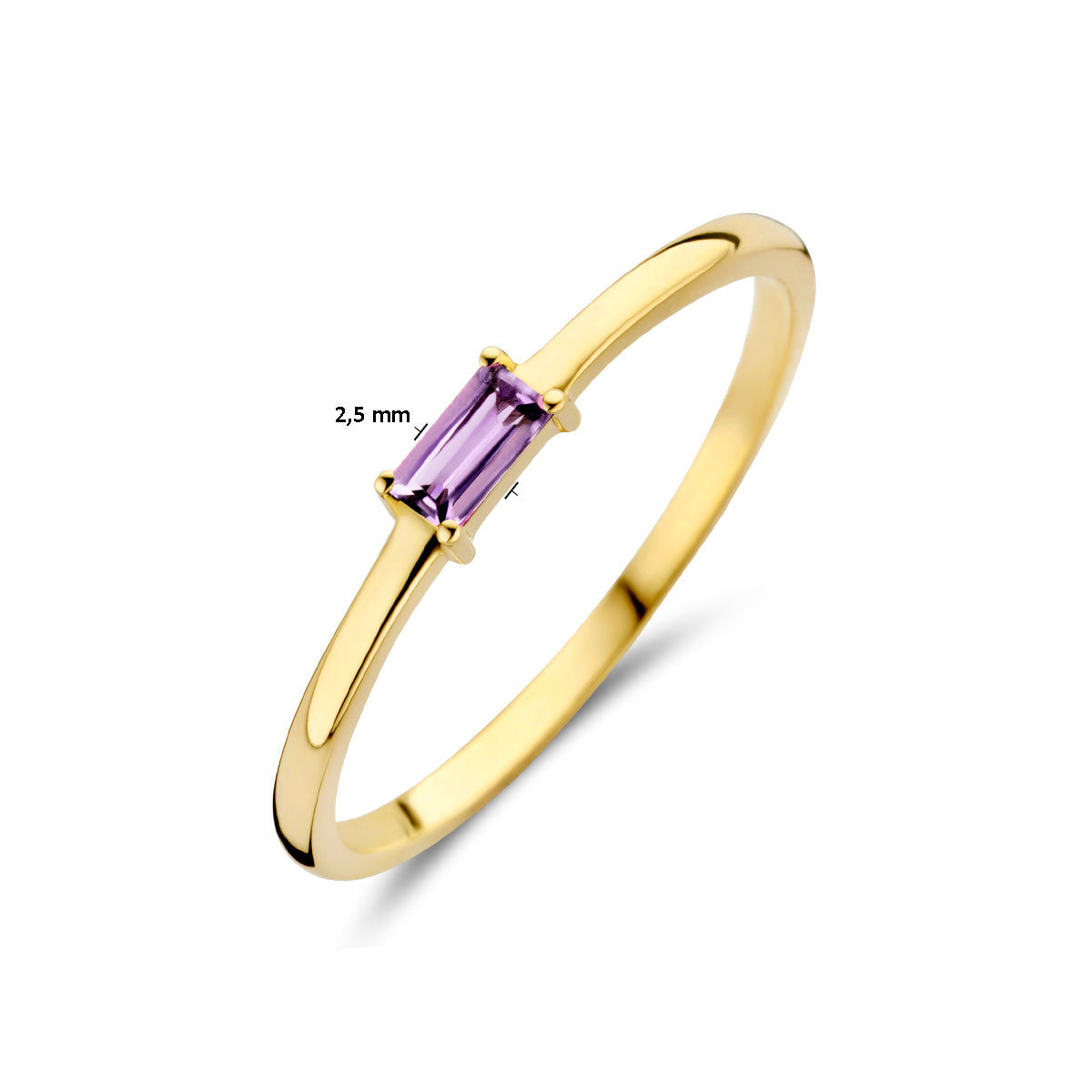 Afmetingen van de gouden geboortesteen ring juni met amethist van 14 karaat: 2,5 mm breed.