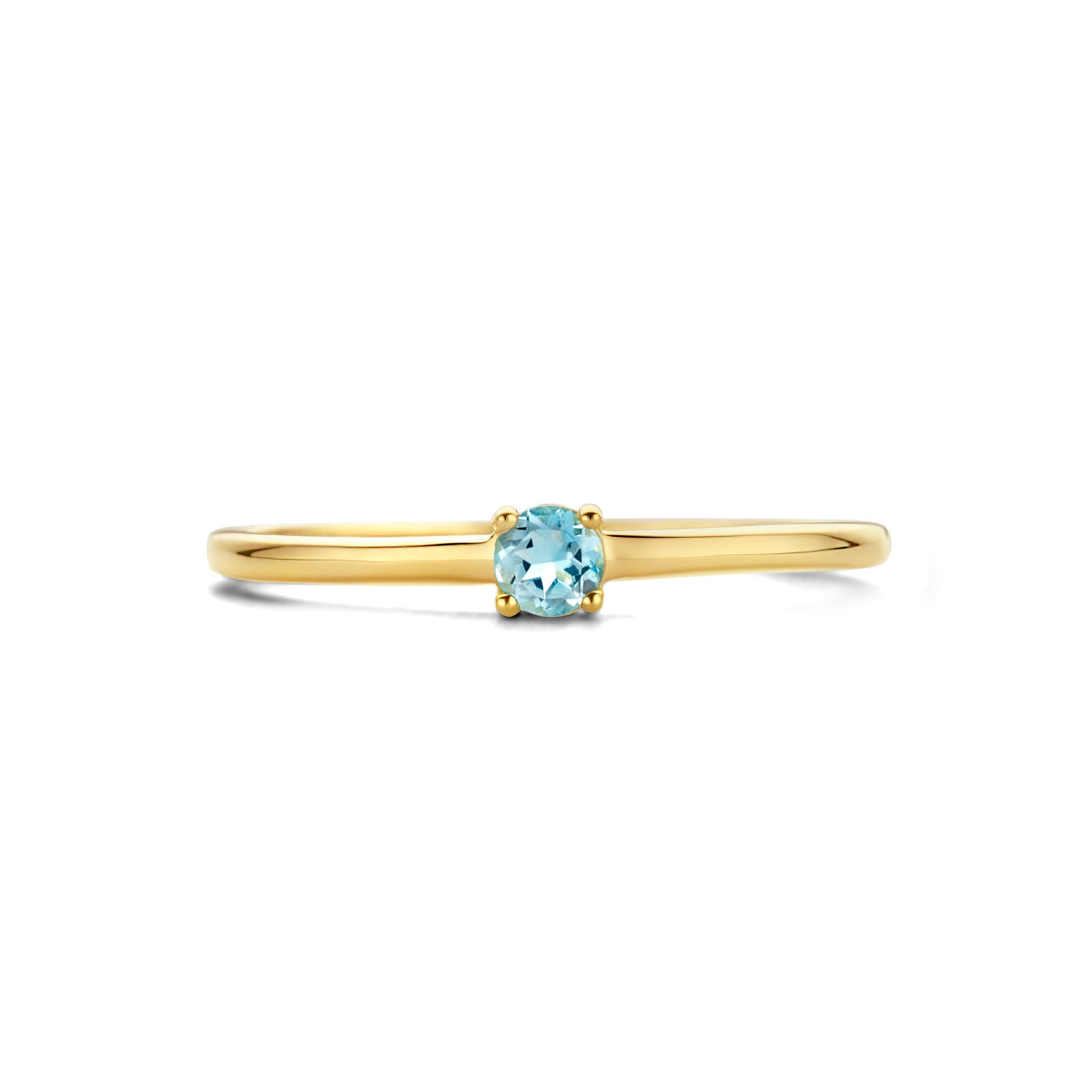 Zijaanzicht van de gouden geboortesteen ring met aquamarijn van 14 karaat.