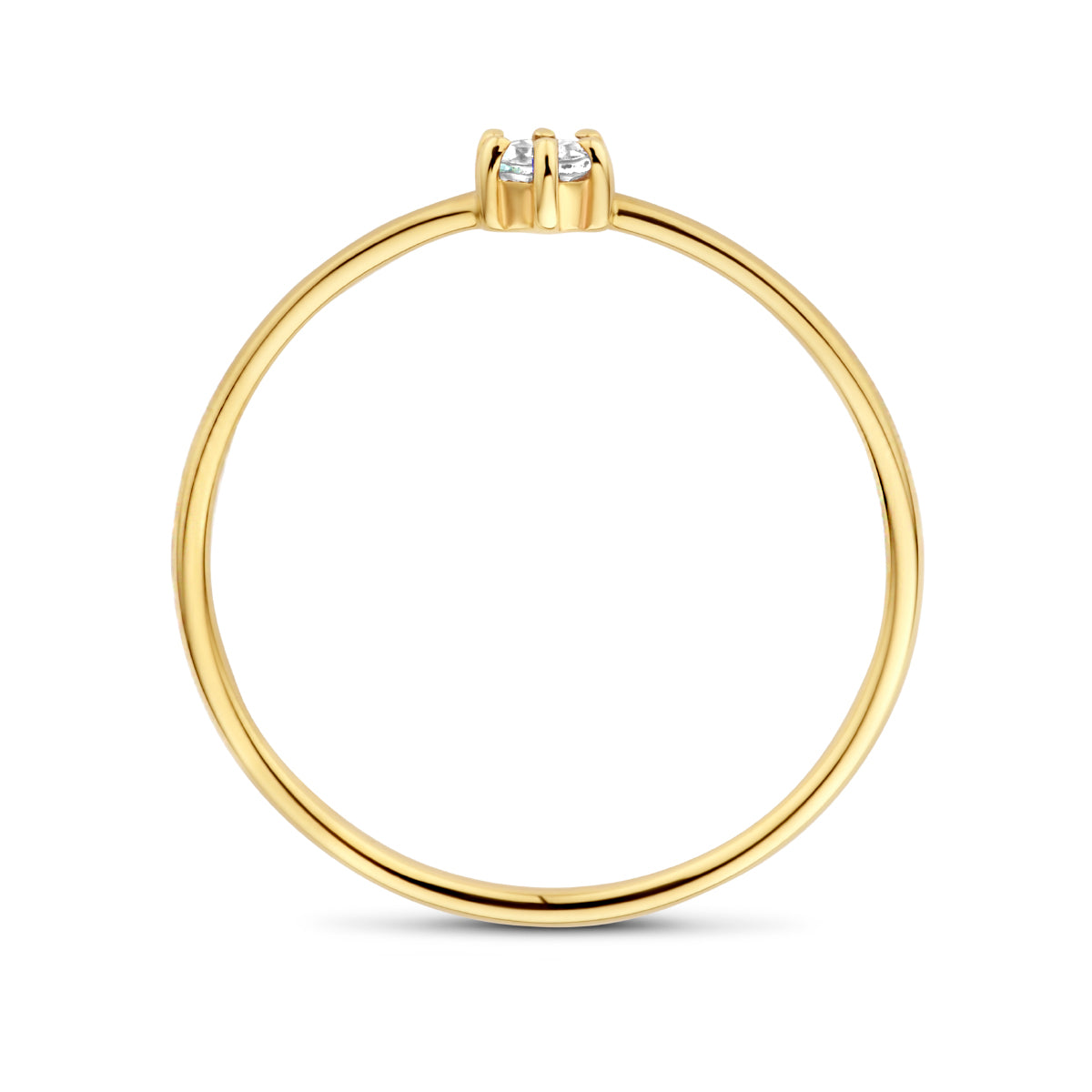 Zijaanzicht van de gouden geboortesteen ring met aquamarijn van 14 karaat.