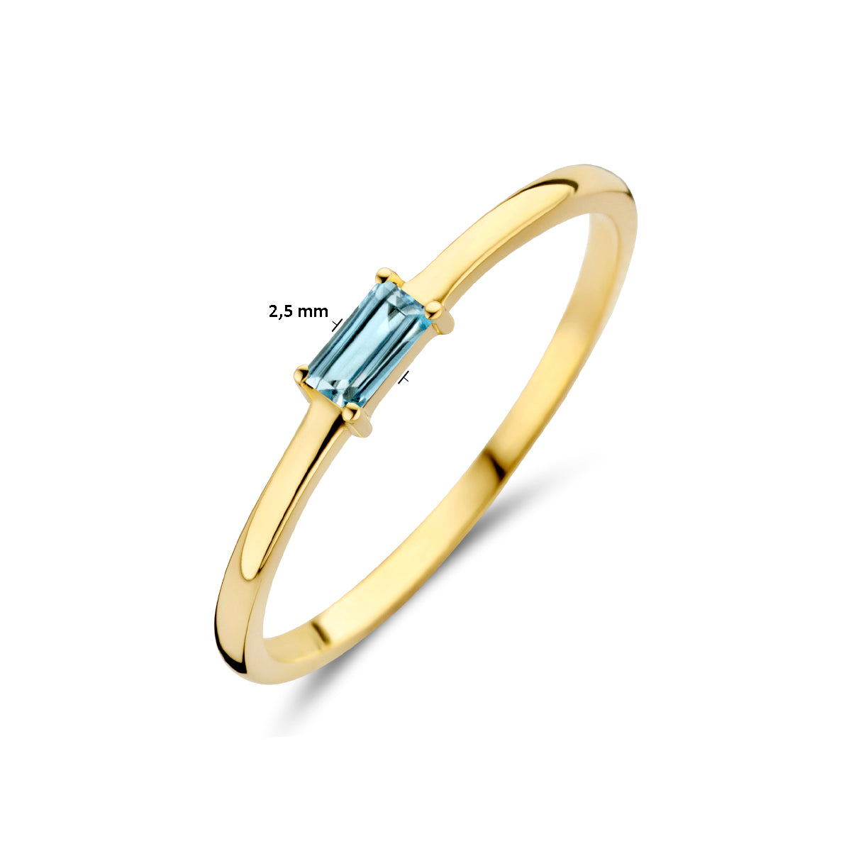 Afmetingen van de gouden geboortesteen ring maart met aquamarijn van 14 karaat: 2,5 mm breed.