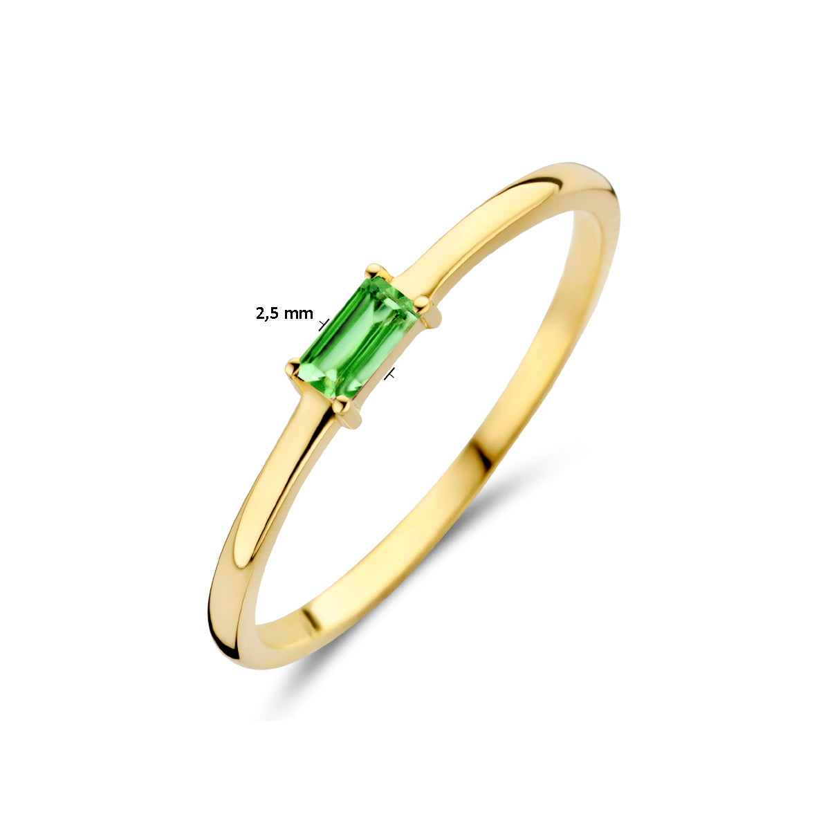 Afmetingen van de gouden geboortesteen ring mei met smaragd van 14 karaat: 2,5 mm breed.