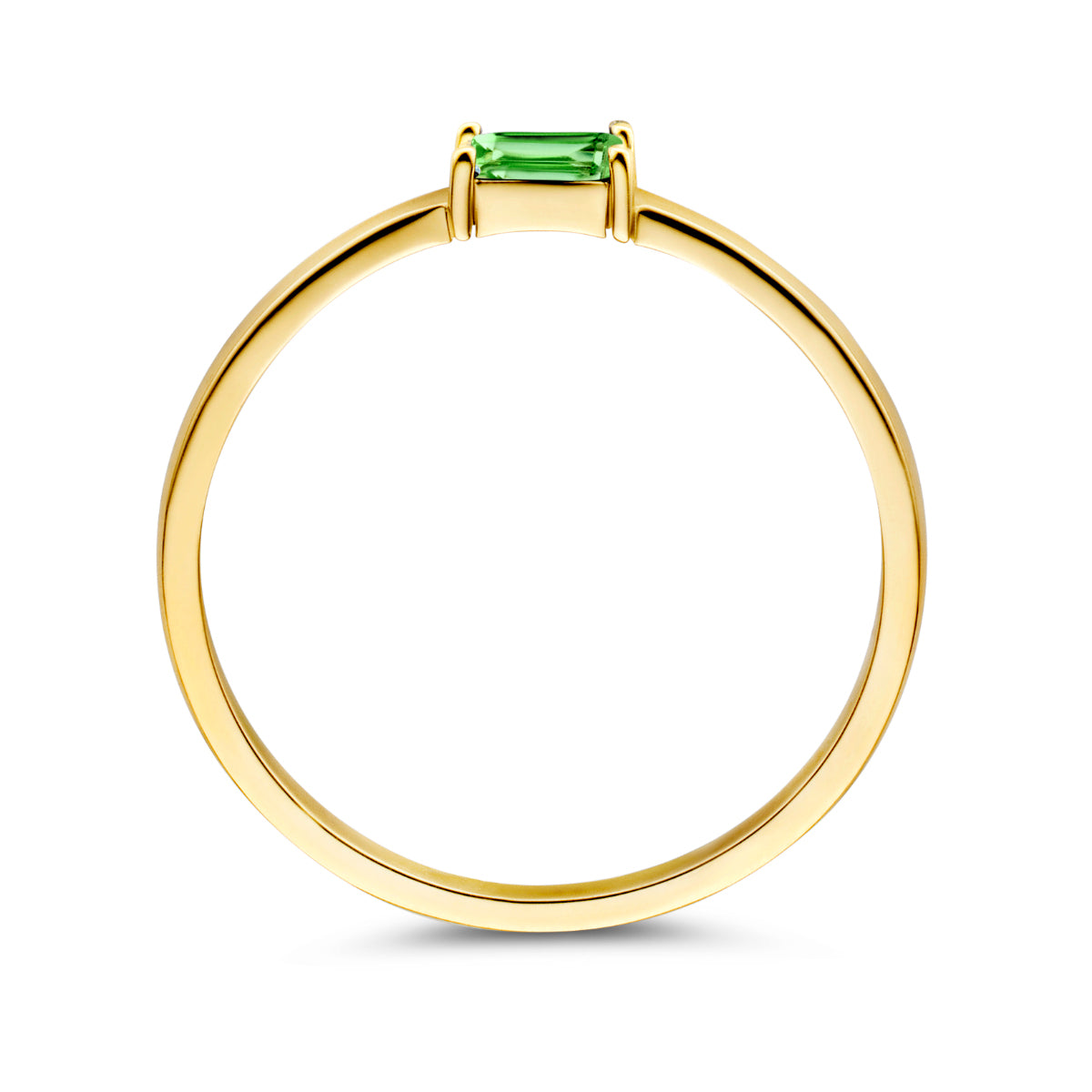 Zijaanzicht van de gouden geboortesteen ring mei met smaragd van 14 karaat.