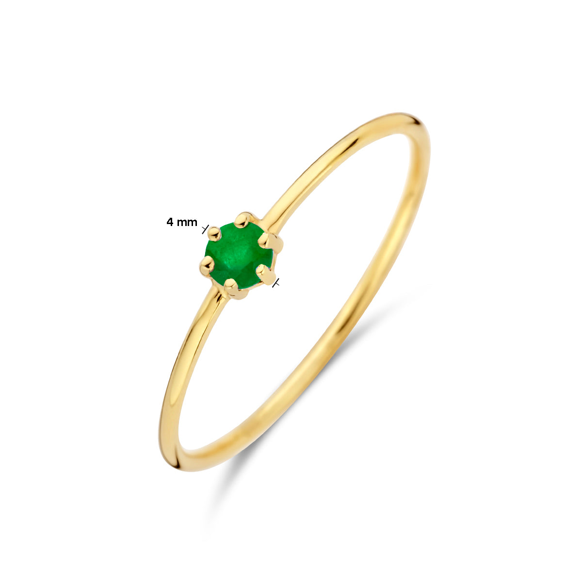Afmetingen van de gouden geboortesteen ring met smaragd van 14 karaat: 4 mm breed, steen 3 mm.