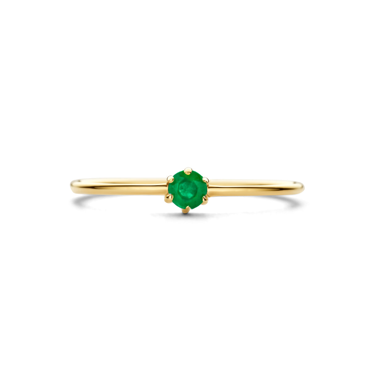 Bovenaanzicht van de gouden geboortesteen ring met smaragd van 14 karaat.