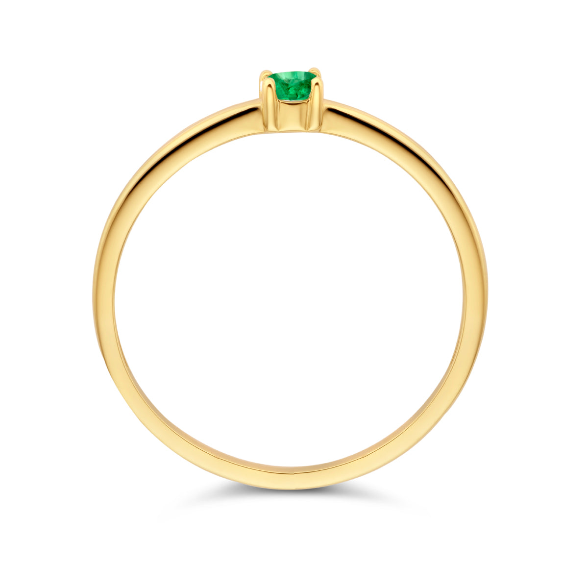 Bovenaanzicht van de gouden geboortesteen ring met smaragd van 14 karaat.